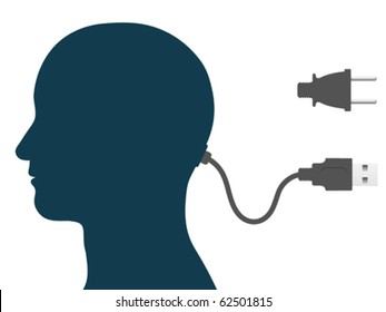 Male head silhouette with computer and electricity cable