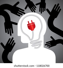 male head silhouette with electric plug and hands