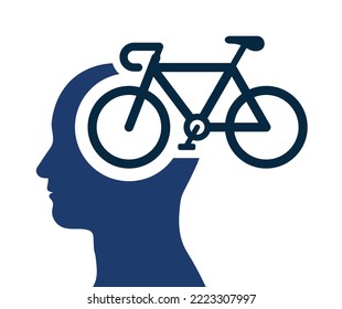 Male head silhouette icon with a bicycle on his mind thinking of a race bike - vector illustration