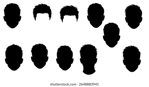 Male Head Silhouettes in Various Hairstyles for Character Design and Barber Icon Sets