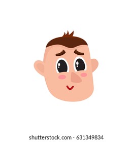 Male head with smiling, greening face, rosy cheeks, big eyes, raised eyebrows, cartoon vector illustration on white background. Funny cartoon male head with shy smiling face expression