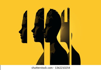 A male head split up into sections. Human mind and psychology vector illustration.