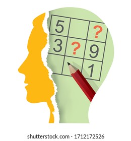 Male head with sudoku and Pencil. 
Illustration of Stylized torn paper male head silhouette with sudoku and pencil. Vector available.