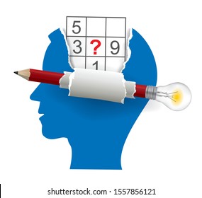 
Male head with sudoku and smart Pencil with bulb.
Stylized male head silhouettes of sudoku player.  Vector available.