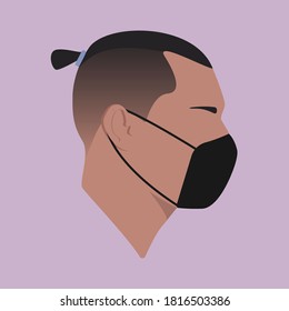 Male Head With Top Knot Hair In The Mask On Pink Background. Man Head Silhouette.  Flat Colored Illustration. Quarantine 