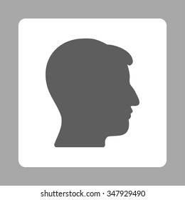 Male Head vector icon. Style is flat rounded square button, dark gray and white colors, silver background.