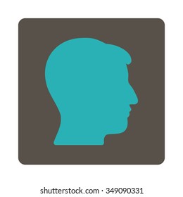 Male Head vector icon. Style is flat rounded square button, cyan and grey colors, white background.
