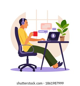 A male in headphones and listens to a podcast about education on his laptop. Podcast vector illustration.