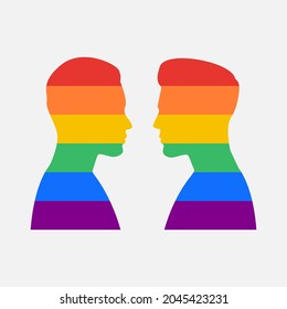 Male heads filled by LGBT flag. Gay  couple, heads opposite each other. LGBTQ people. Design LGBTQ + PRIDE. Support for LGBT. Lesbian, Gay, Bisexual and Transgender rights. Vector illustration.