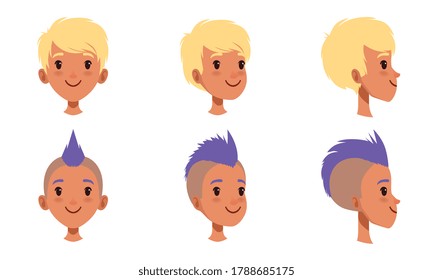 Male Heads Set, Caucasian Boy Characters with Various Hairstyles, Frontal, Profile, Three Quarter Turn View Cartoon Style Vector Illustration