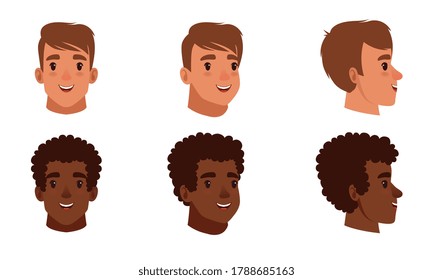 Male Heads Set, Frontal, Profile, Cheerful Caucasian and African American Teenage Boys Characters, Three Quarter Turn View Cartoon Style Vector Illustration