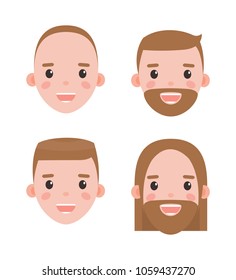 Male heads shaved and bearded with hairstyles set. Mens heads with long and short brown hair, smooth and hairy faces isolated vector illustrations.