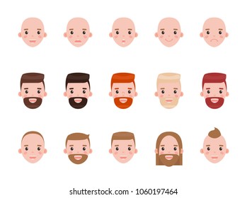 Male heads with various hairstyles and mood set. Faces that express happiness and frustration with modern haircuts isolated vector illustrations.