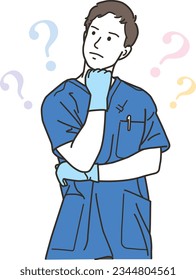 Male healthcare worker in scrubs thinking
