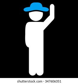 Male Hello vector icon. Style is bicolor flat symbol, blue and white colors, rounded angles, black background.