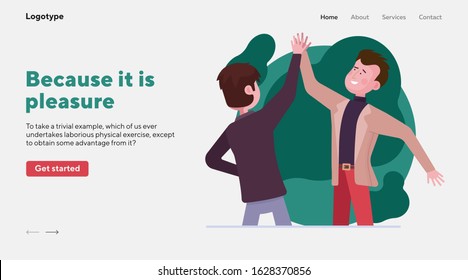 Male high five. Happy male friends or partners clapping hands flat vector illustration. Partnership, teamwork, friendship, success concept for banner, website design or landing web page