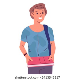 Male high school student. Cheerful college student carrying books flat vector illustration. Smiling guy standing alone on white background