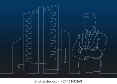 Male high technology engineer. Information technology administrator at work. Server data management.  One continuous line . Line art. Minimal single line.Dark background. One line drawing.