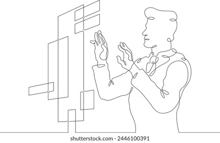 Male high technology engineer. Information technology administrator at work. Server data management. One continuous line . Line art. Minimal single line.White background. One line drawing.