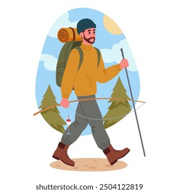 Male hiker. Active tourist character outdoor adventure, man on hike, trekking and backpacking flat vector illustration. Guy hiking on nature with backpack