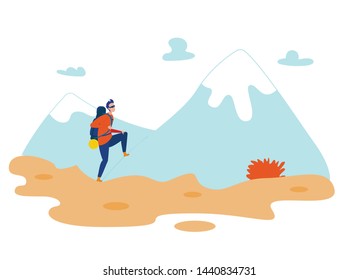 Male Hiker with Backpack Flat Vector Character. Lonely Man Mountaineering, Hiking Cartoon Illustration. Guy Climbing Mountain, Young Alpinist Camping. Alpinism Active Tourism, Summer Holiday