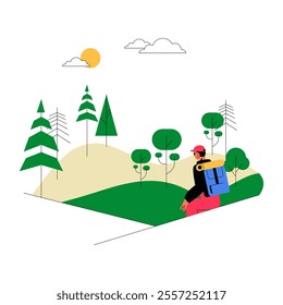 Male Hiker With Backpack In Forest Landscape In Flat Vector Illustration Symbolizing Adventure, Nature Exploration, And Outdoor Activities, Isolated On White Background