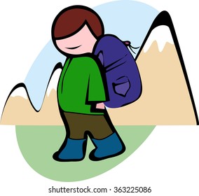 Male hiker in the green jacket with a big backpack goes to the mountain in the vector