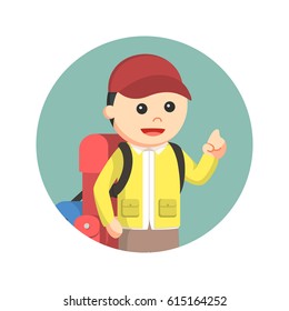 male hiker with pointing finger in circle background