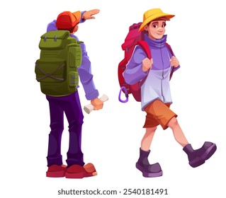 Male hiker tourists with backpacks and in warm clothes standing with his back looking into distance and walking forward. Cartoon trekking people for adventure, tourism activity and outdoor exploration