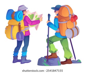 Male hikers isolated on white background. Vector cartoon illustration of young men equipped with hiking gear, trekking poles, backpack, looking at map to find way, active lifestyle, outdoor adventure