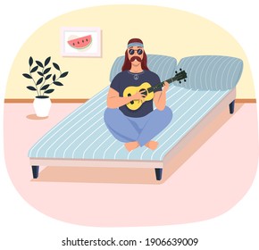 Male hipster bard with ukulele in hands. Musician is playing strings on instrument. Person creates music. Man with musical instrument. Guitarist playing guitar on bed in living room