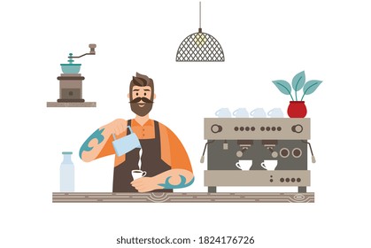 The male hipster barista adds milk to cup coffee. Barista at the counter next to the coffee machine. Cozy interior of the coffee shop. Flat vector illustration on white.