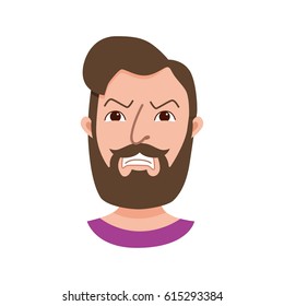 Male hipster cartoon character icon. Flat style emotion young beard men avatar. Colorful vector illustration of isolated guy face with expression: angry.