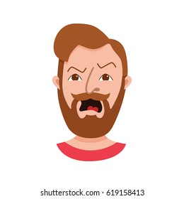 Male hipster cartoon character icon. Flat style emotion young beard men avatar. Colorful vector illustration of isolated guy face with expression: angry.