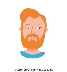 Male hipster cartoon character icon. Flat style emotion young beard men avatar. Colorful vector illustration of isolated guy face with expression: sad.