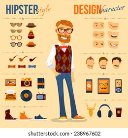 Male hipster character pack with geek fashion trendy elements isolated vector illustration