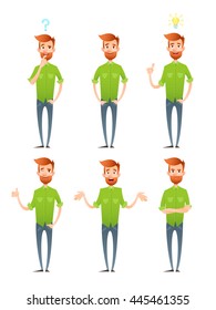Male hipster characters set with face emotions and poses of happiness, anger, surprise, idea, isolated on white background