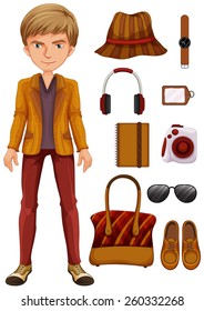 Hipster masculino con diferentes artículos