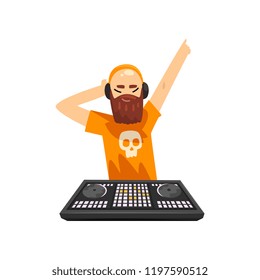 Male hipster DJ in headphones playing track and mixing music on mixer console deck vector Illustration on a white background