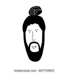 Male hipster head with hairstyle, beard and mustache. Vector illustration hand drawn in doodle style. For barber shop logo, men fashion icon, for gentleman grooming. Vector