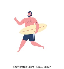 Male hipster surfer running. Retro flat design illustration.