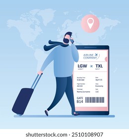 Viajero hipster masculino con maleta y teléfono inteligente, check-in en línea, boleto de tarjeta de embarque de la aerolínea con código de barras en la pantalla del teléfono móvil, Ilustración vectorial en estilo de moda