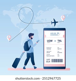 Male hipster traveller with suitcase and smartphone, online check-in, Airline boarding pass ticket with barcode code on mobile phone screen, Vector illustration in trendy style.