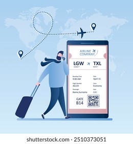 Viajero hipster masculino con maleta y teléfono inteligente, check-in en línea, boleto de tarjeta de embarque de la aerolínea con código de barras en la pantalla del teléfono móvil, Ilustración vectorial en estilo de moda