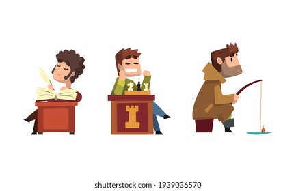 Male Hobby or Profession Set, Man Poet, Chess Player, Fisherman Cartoon Vector Illustration