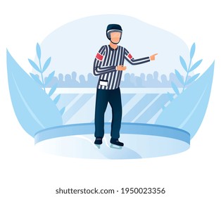 Árbitro de hockey macho con casco y hielo paró el partido. El partido del torneo de hockey se ha detenido debido a la falta de respeto del jugador. Hombre de uniforme con rayas. Ilustración vectorial de dibujos animados planos