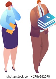 Male hold business document, woman talk mobile phone isolated on white, isometric vector illustration. Businesswoman businessman character walk industry conversation, discussion enterprise plan.