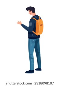 Male holding backpack, walking icon isolated