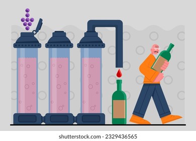 Botella de mano masculina con bebida, verifica el proceso de producción de vino. Tiempo para el proceso de elaboración de vinos con uvas orgánicas. Preparando bebidas alcohólicas. Industria de la producción de vino. Ilustración plana del vector