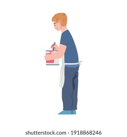 Male Holding with Bucket and Brush for Coloring Wall Vector Illustration